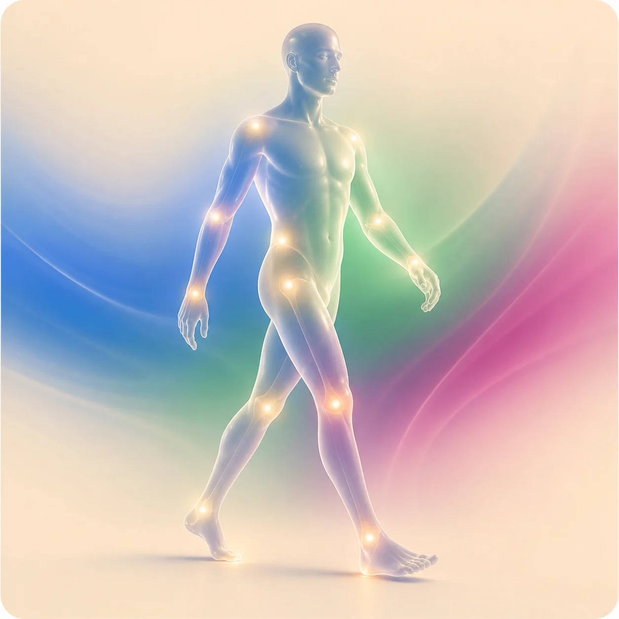 Ilustración del cuerpo humano con las principales articulaciones iluminadas
