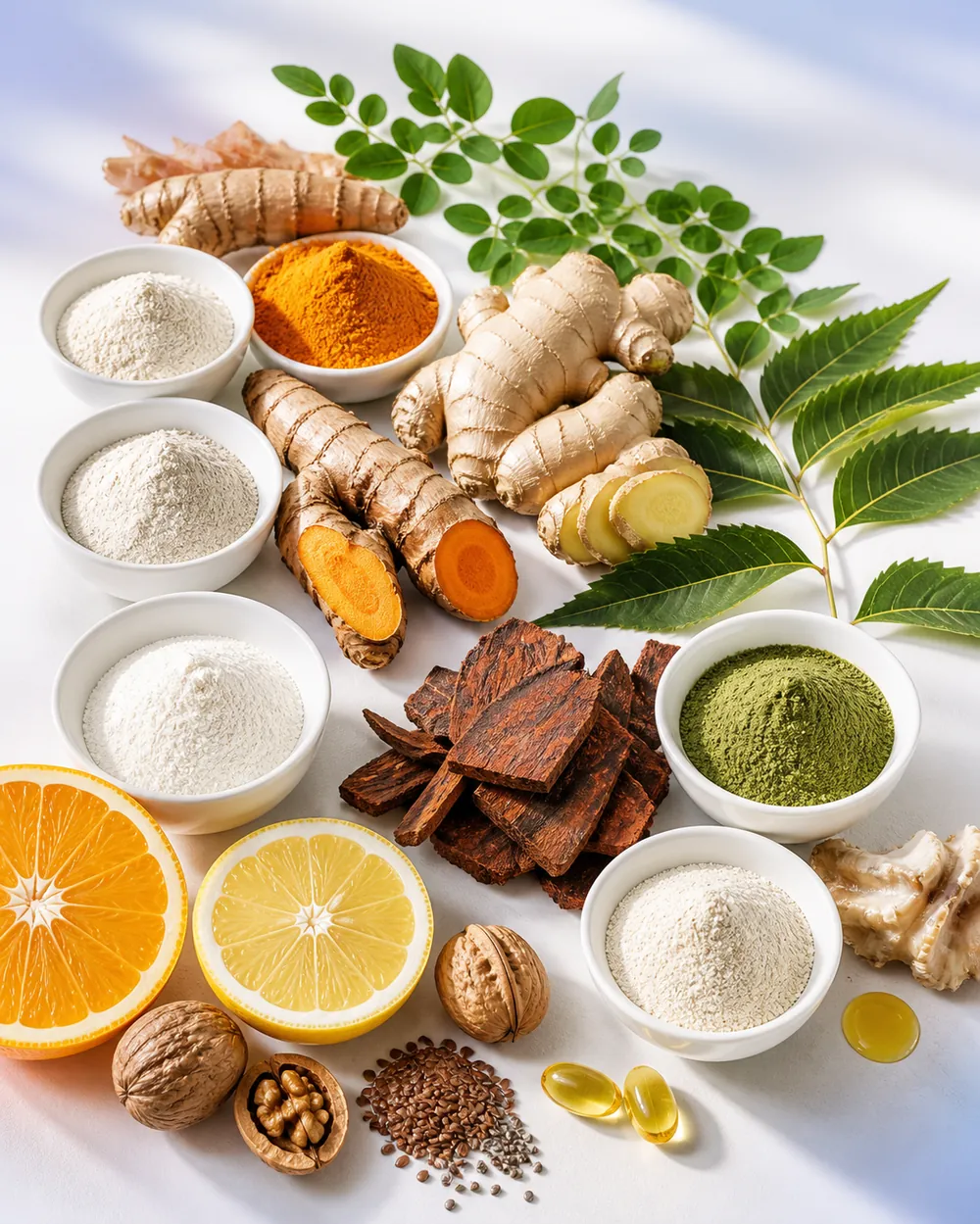 Ingredientes naturales de DOLOFLEX: cúrcuma, jengibre, moringa, cartílago de tiburón y más
