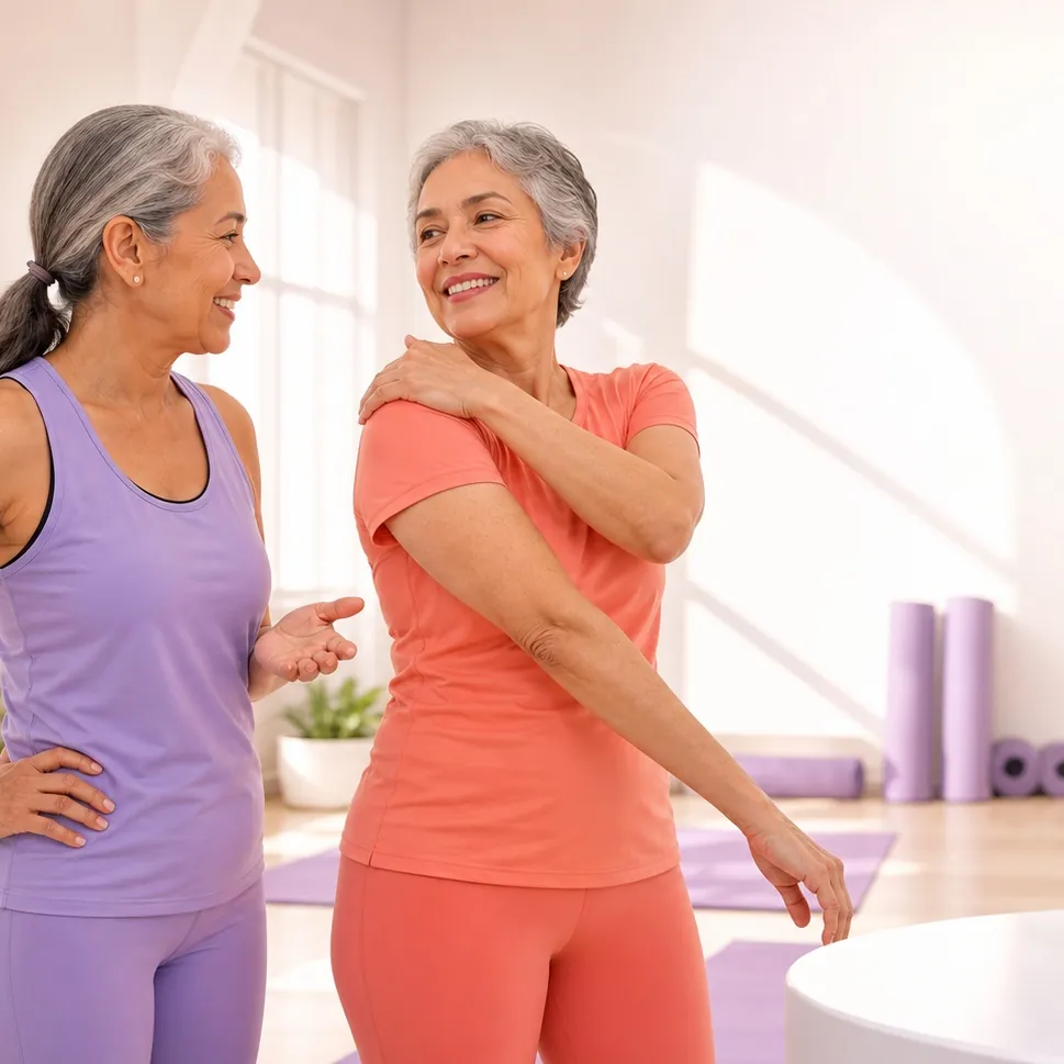 Dos mujeres mayores estirando juntas, sonriendo, con más flexibilidad